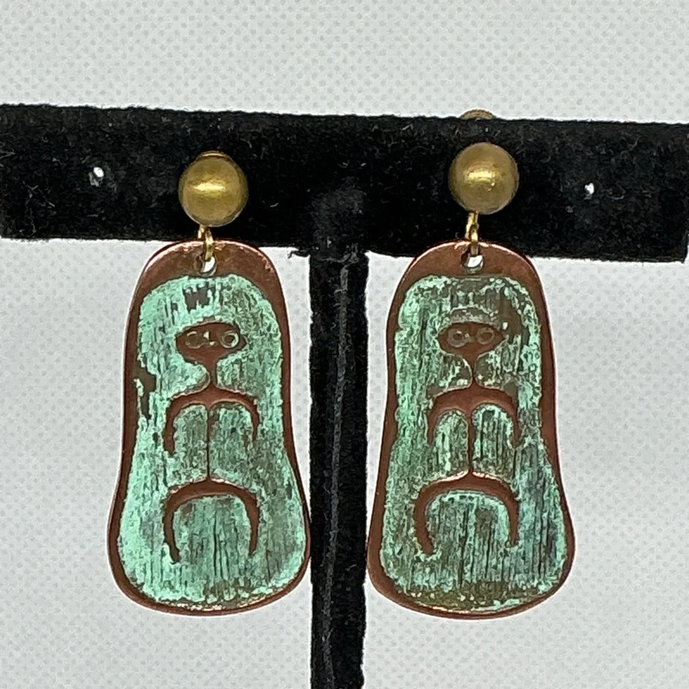 Vintage Copper Enamel Earrings Mid Century Modern Abstract Screw Back
